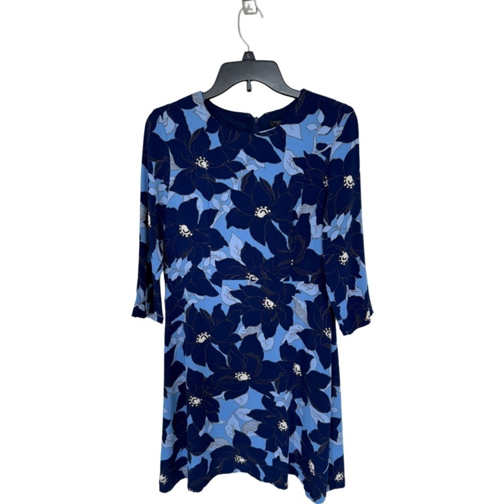 ✅ Ann Taylor Blue Floral Sheath Dress Petite 3/4 Sleeve Stretch Zipper 8P